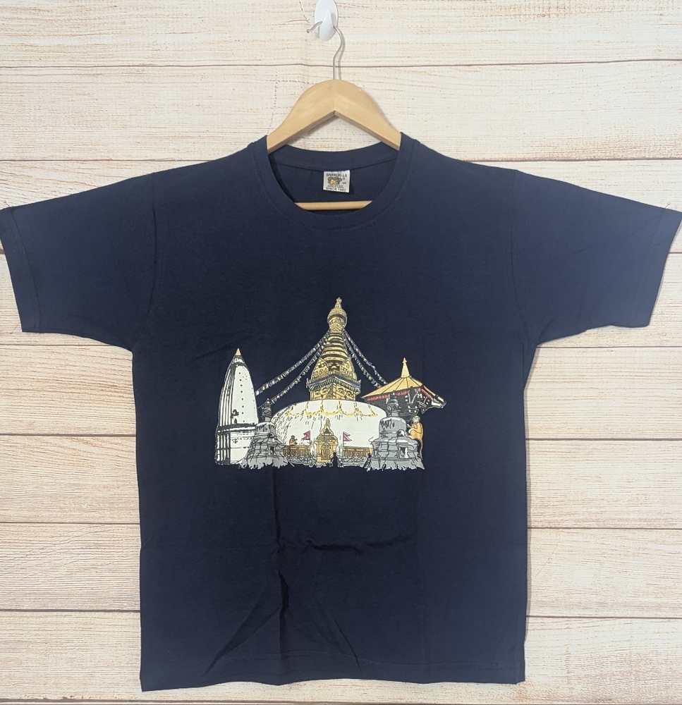 Unisex Size 40 Navy Blue 100%Cotton Top Lord Swyambhu Stupa Print  T-shirt New